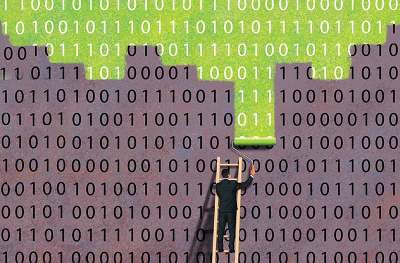 Conceptual illustration of a person standing on a ladder and painting over a wall of binary code (1s and 0s) with bright green paint. The image symbolizes artificial intelligence, data processing, digital transformation, or the use of technology to reshape and automate information systems.