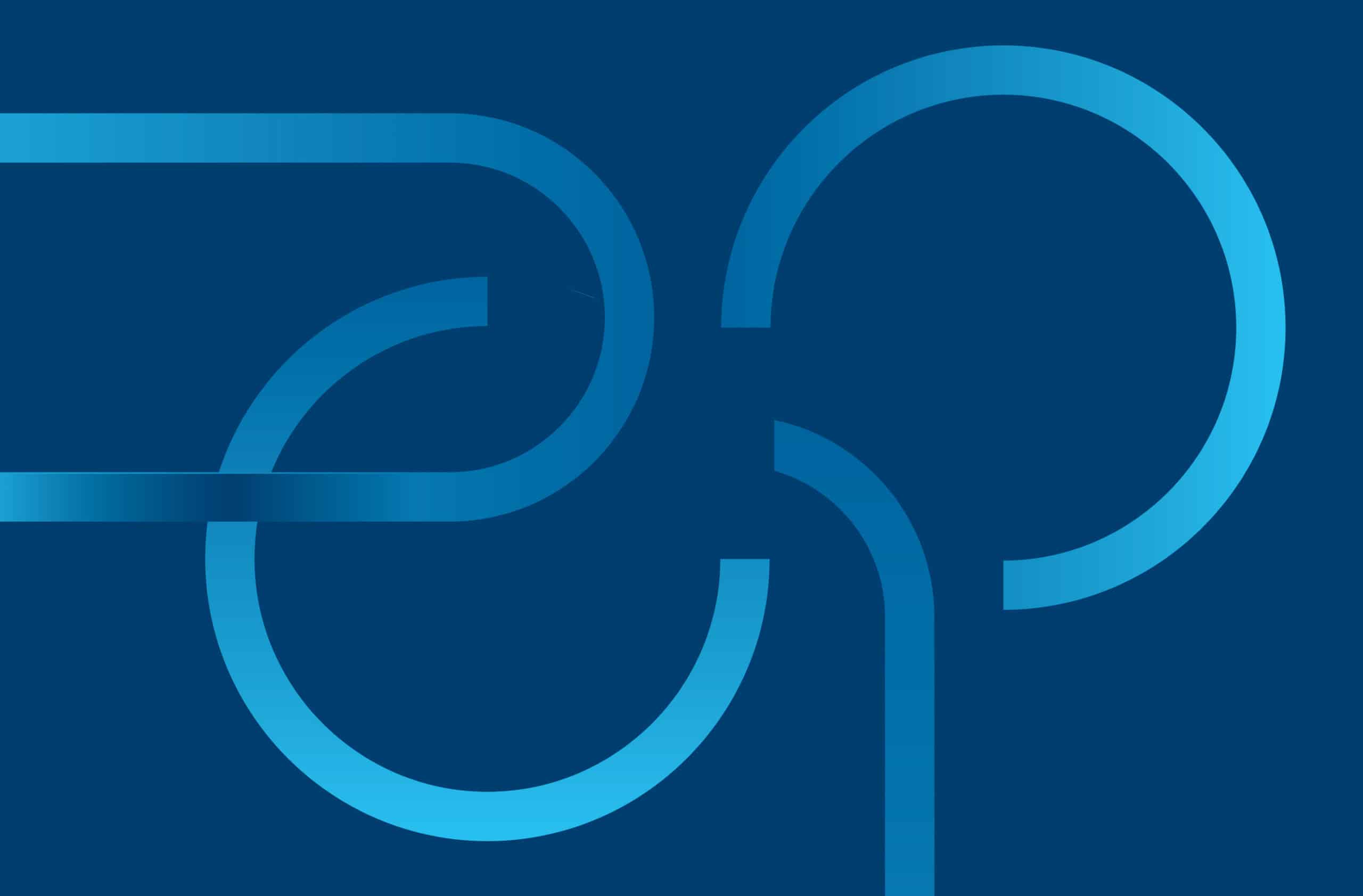 Abstract blue graphic featuring interconnected curved lines and circular shapes forming a flowing, geometric pattern on a dark blue background. Gradient blue strokes create a modern, technology-inspired design suggestive of connectivity, data flow, or network relationships.